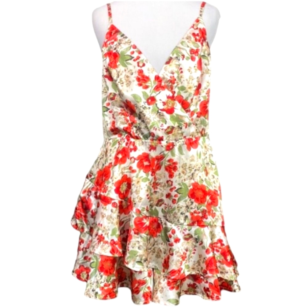 Lulus Love That Blooms Ivory Floral Print Satin Ruffled Skort Romper